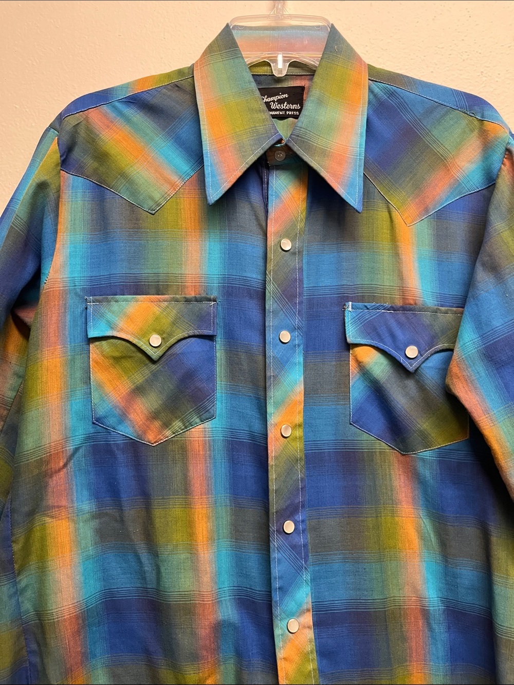 Vintage Colorful Plaid Western Pearl Button Closure Shirt Size Label Faded